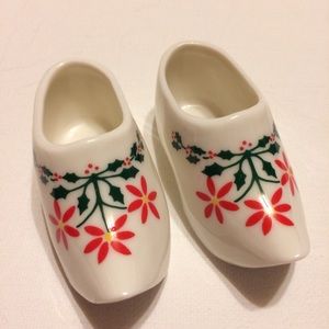 Vtg Bone China Clogs Dutch Chrysanthemum & Holly